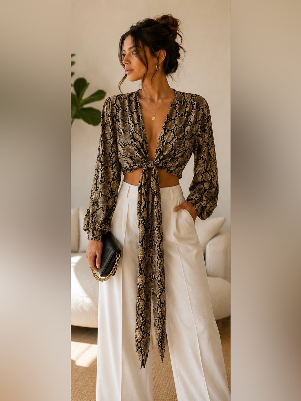 Fashion Nova Snake-Print Tie-Front Crop Top in Brown and Black
